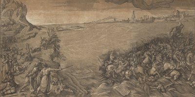 Die Überquerung des Roten Meeres, Moses steht links und zeigt auf die untergehende Armee..., 1589 von Andrea Andreani