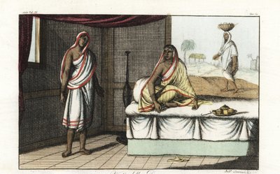 Verschiedene Arten von Saris und Kleidern, die von indischen Frauen getragen werden. Frau von Rang in Sari und Schleier auf Sofa sitzend, und Frau von niedrigerem Rang in kurzem Sari. Handkolorierte Kupferplatte, gezeichnet und graviert von Andrea Bernieri von Andrea Bernieri