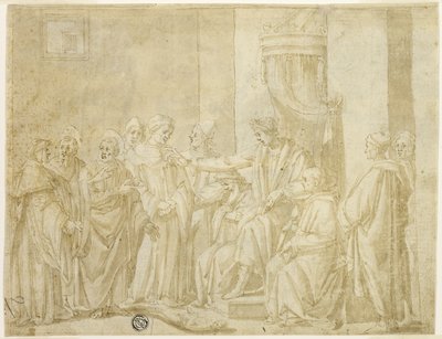 Die Apostel Petrus und Paulus streiten mit Simon Magus vor Nero (recto); Fünf Szenen aus der Geschichte von Moses (verso) von Andrea Boscoli