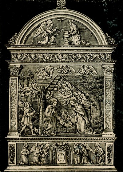 Geburt Christi, Terrakotta-Altarbild von Andrea della Robbia, aus der Kirche der Heiligen Klara, Städtisches Museum von Sansepolcro, Toskana, Italien, Holzschnitt aus Le cento città d