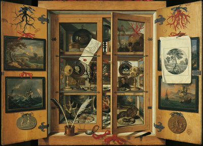 Kuriositätenkabinett (mit Glastüren) mit verschiedenen Objekten, von Andrea Dominico Remps (1621-1699) von Andrea Domenico Remps