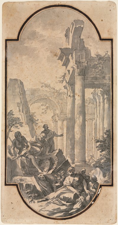 Figuren in der Nähe der Ruinen eines korinthischen Tempels (recto) von Andrea Locatelli