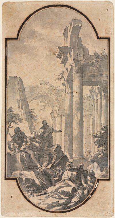 Figuren in der Nähe der Ruinen eines korinthischen Tempels recto, Fragment eines Bogens tracing von recto verso von Andrea Locatelli