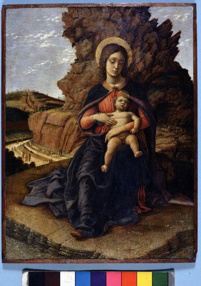 Andrea Mantegna, Die „Jungfrau der Steinbrüche“: Jungfrau und Kind und im Hintergrund Steinbrüche mit arbeitenden Arbeitern, Uffizien, Florenz von Andrea Mantegna