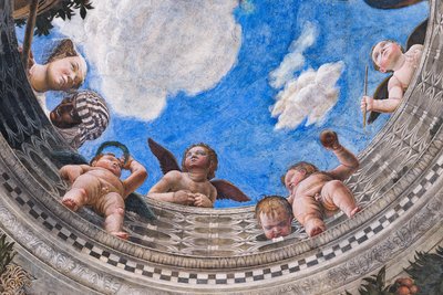 Balustrade mit einer Hofdame, ihrem schwarzen Diener und einigen Putti, um 1465-74 von Andrea Mantegna
