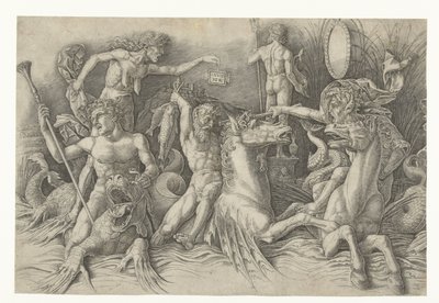 Kampf der Meeresgötter, mit Neid (Invidia) links von Andrea Mantegna