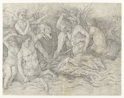 Kampf zwischen Tritonen mit Nereiden auf ihrem Rücken von Andrea Mantegna