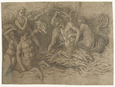 Kampf zwischen Tritonen mit Nereiden auf ihren Rücken von Andrea Mantegna