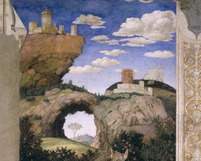 Landschaft mit einer Burg, aus der Camera degli Sposi oder Camera Picta, 1465-74 (Fresko) von Andrea Mantegna