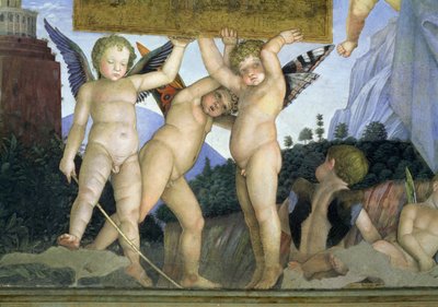 Putti mit Schmetterlingsflügeln, die die Widmungstafel tragen, aus der Camera degli Sposi oder Camera Picta (Detail) von Andrea Mantegna
