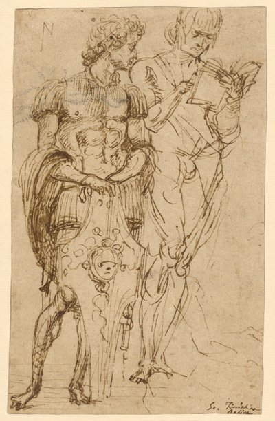 Zwei stehende männliche Figuren (recto); Ein liegender Mann und andere Studien (verso) von Andrea Mantegna