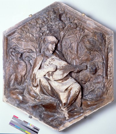 Poesie, sechseckige dekorative Reliefkachel aus einer Serie, die die Sieben Freien Künste darstellt, möglicherweise basierend auf Entwürfen von Giotto, ca. 1334-48 von Andrea Pisano