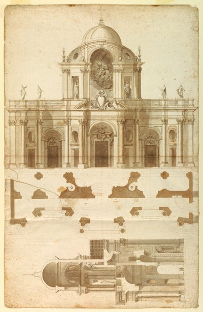 Vorgeschlagene Erhebung, Schnitt und Plan für die Fassade von San Giovanni, Laterano, Rom, Italien von Andrea Pozzo
