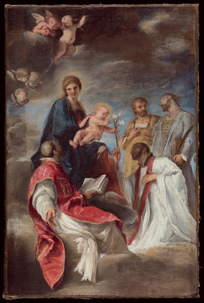Die Madonna und das Kind mit den Heiligen Ignatius von Loyola, Franz Xaver, Cosmas und Damian von Andrea Sacchi