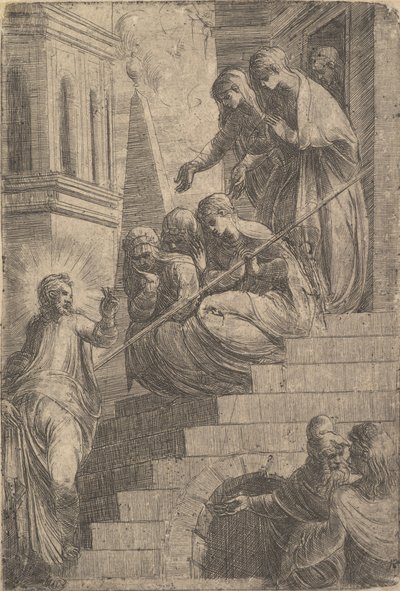 Christus spricht eine Gruppe von Frauen an, die auf Stufen sitzen und stehen, ca. 1541-44 von Andrea Schiavone