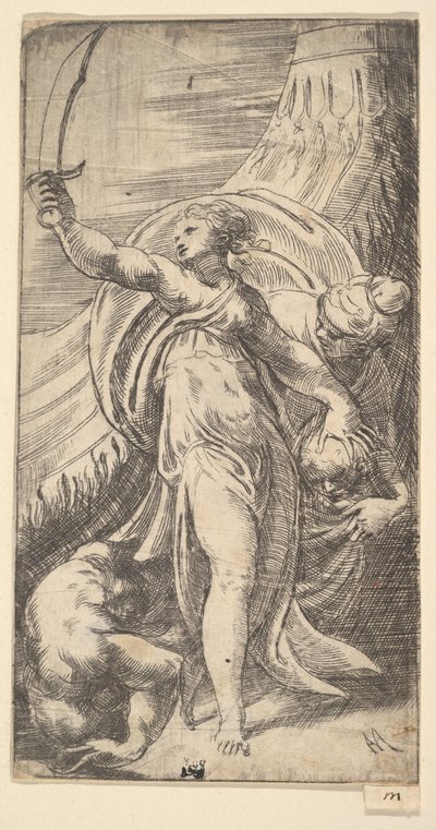 Judith mit erhobenem Schwert in der rechten Hand, den Kopf von Holofernes in den Sack legend (ca. 1542-45) von Andrea Schiavone