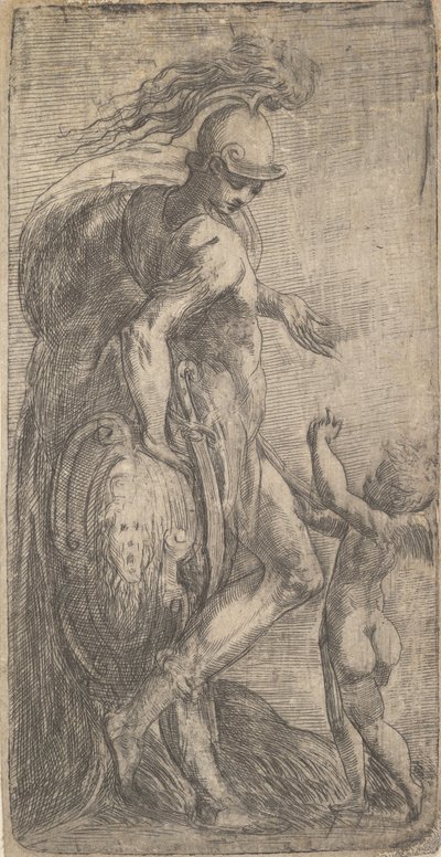 Mars steht links und lehnt sich an ein Schild, Amor rechts, ca. 1542-46 von Andrea Schiavone