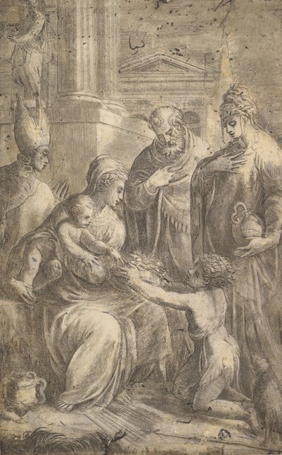 Verschiedene Heilige, die die Huldigung Johannes des Täufers an das Jesuskind bezeugen von Andrea Schiavone