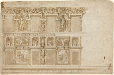 Prunkvolle Wand mit Skulpturen und Gemälden verziert von Andrea Semino