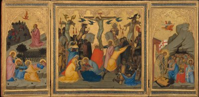 Szenen aus der Passion Christi: Die Agonie im Garten, die Kreuzigung und der Abstieg in die Vorhölle (gesamtes Triptychon) von Andrea Vanni