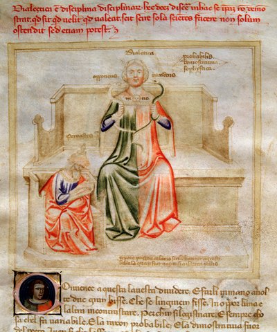 Allegorie der Dialektik in „Chansonne des sept Vertus et des sept Arts liberales destinee a Bruzio Visconti“ (La Canzone delle Virtu e delle Scienze) von Bartolomeo di Bartoli. Aquarell von Andrea di Bartoli (aktiv zwischen 1358 und 1368) von Andrea de Bartoli
