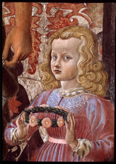 Jungfrau und Kind mit zwei Engeln, Johannes dem Täufer und einem anderen Heiligen, und zwei Kindern der Familie Pazzi. Detail, das eine der Pazzi-Töchter darstellt von Andrea del Castagno