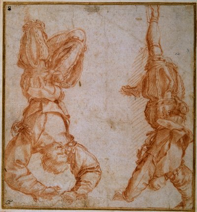 Zwei Studien eines Mannes, der an seinem linken Bein aufgehängt ist von Andrea del Sarto