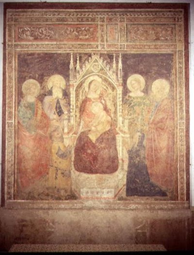 Madonna und Kind mit den Heiligen Elia, Johannes dem Täufer, Nikolaus und Leonard von Andrea di Bonaiuto (fl.1343 77)