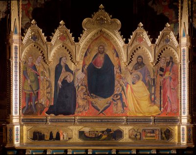 Maestà, Jesus auf dem Thron mit St. Michael, Maria und St. Thomas von Aquin, St. Johannes der Täufer, St. Peter, St. Laurentius und St. Paulus von Andrea di Cione Orcagna