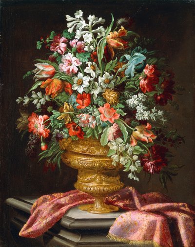 Blumen in einer skulptierten Urne auf einem drapierten Steinpodest von Andrea the Elder Scacciati