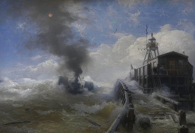 Ein Schlepper verlässt den Hafen von Ostende bei Flut von Andreas Achenbach