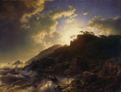 Sonnenuntergang nach einem Sturm an der Küste Siziliens von Andreas Achenbach