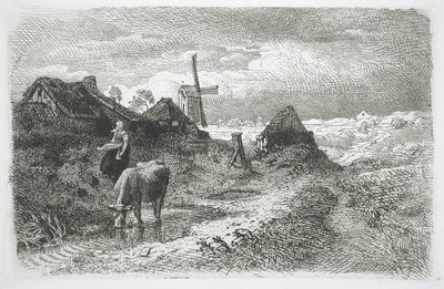Landschaft mit Hütten und Windmühle von Andreas Achenbach