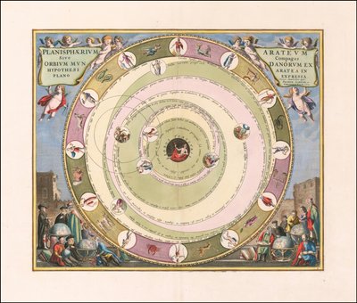 1660 Himmelskarte, die das Modell des Universums des griechischen Astronomen Aratus illustriert von Andreas Cellarius