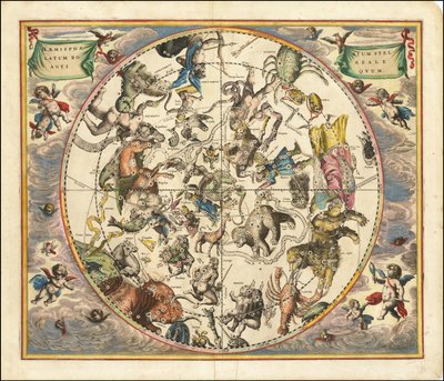 1660 Himmelskarte der Sternbilder der Nordhalbkugel über der Südhalbkugel der Erde von Andreas Cellarius