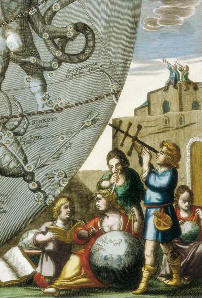 Wissenschaftler (Astrologen und Astronomen) studieren Globen und die Himmelskarte, Detail aus Atlas Coelestis seu Harmonia Macrocosmica von Andreas Cellarius (1596-1665) von Andreas Cellarius