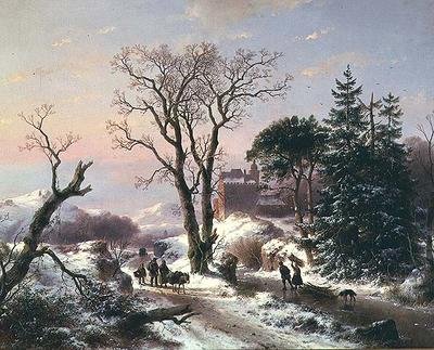 Waldflusslandschaft mit Bauern auf einem Pfad und einer Burg im Hintergrund von Andreas Schelfhout