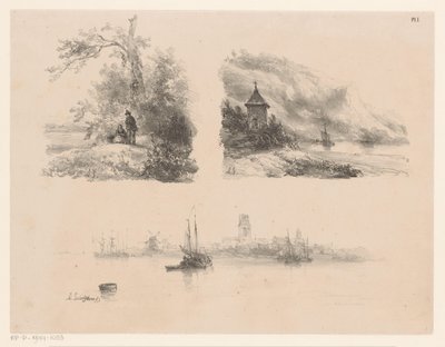 Figuren in einem Wald, ein Fluss entlang einer bergigen Küste und Boote auf dem Wasser von Andreas Schelfhout