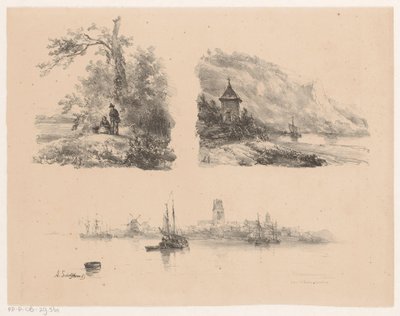 Figuren in einem Wald, ein Fluss entlang einer bergigen Küste und Boote auf dem Wasser von Andreas Schelfhout