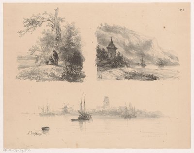 Figuren in einem Wald, ein Fluss entlang einer bergigen Küste und Boote auf dem Wasser von Andreas Schelfhout