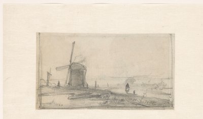 Skizze einer Landschaft mit einer Mühle links von Andreas Schelfhout