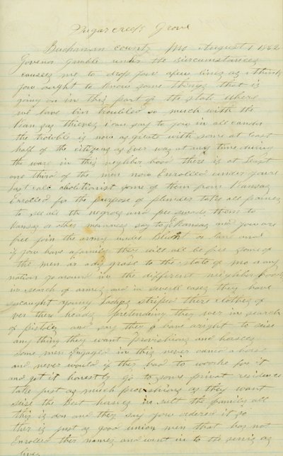 Brief unterzeichnet von Andrew Brownlow, Buchanan County, Mo., an Gouverneur Gamble [Hamilton R. Gamble], 1. August 1862 von Andrew Brownlow