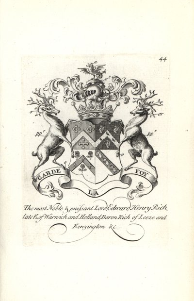 Wappen und Wappenschild von Lord Edward Henry Rich, 7. Earl of Warwick und Holland, Baron Rich von Leeze und Kensington von Andrew Johnston