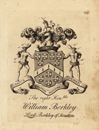 Wappen des hochverehrten William Berkley, Lord Berkley of Stratton, 4. Baron Berkeley of Stratton, gestorben 1741 von Andrew Johnston