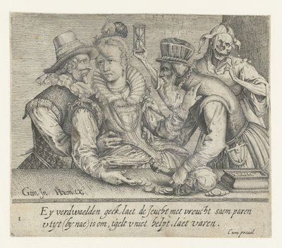 Ein alter Mann versucht die Liebe einer jungen Frau zu kaufen von Andries Jacobsz. Stock (possibly)