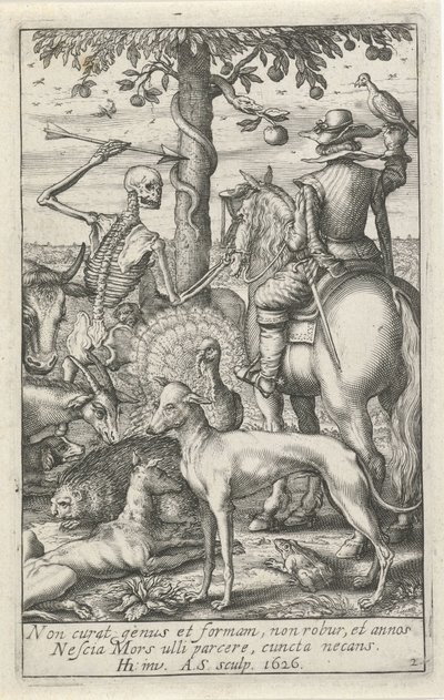 Skelett mit Pfeil und Falkner, umgeben von Tieren von Andries Jacobsz. Stock