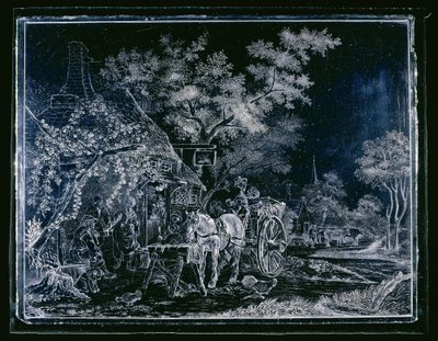 Fenster mit Pferd und Wagen und einigen Figuren vor einem Gasthaus von Andries Melort