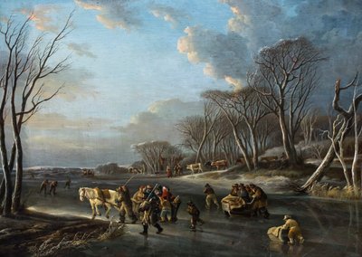 Reisende in einem Schlitten auf einem Fluss in Holland von Andries Vermeulen