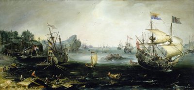 Niederländische Schiffe laden Holz in einem skandinavischen Fjord, von Andries van Eertvelt von Andries van Eertvelt