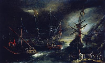 Einschiffung spanischer Truppen, eine niederländische Interpretation einer spanischen Expedition, dargestellt an einer imaginären Mittelmeerküste von Andries van Eertvelt